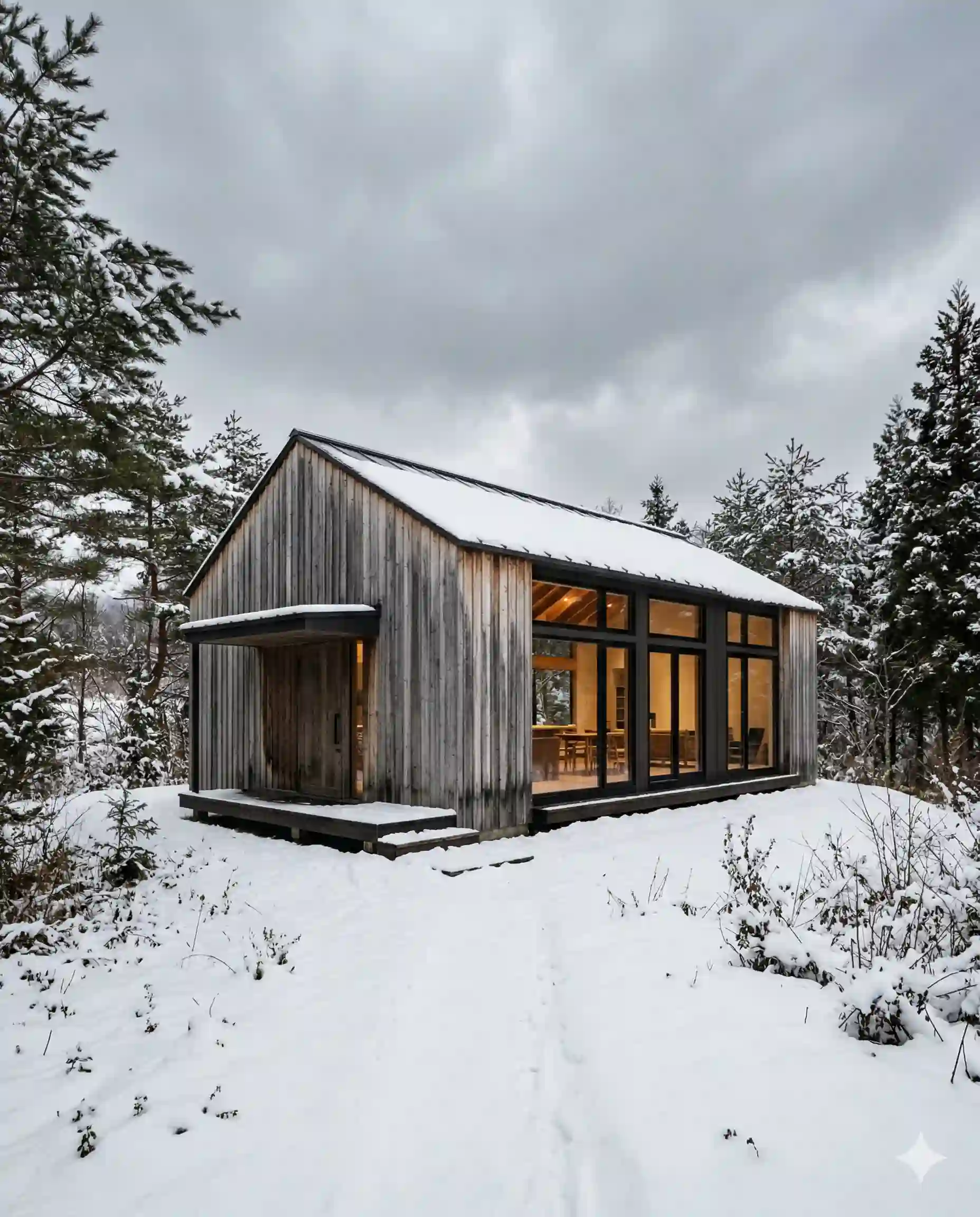Timber studio clad in weathered cedar amid snowfields