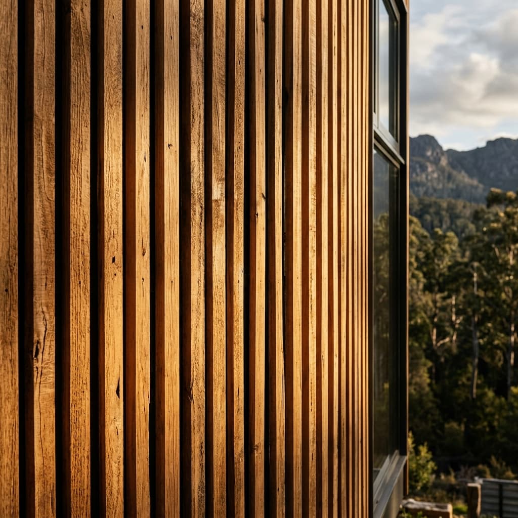 Exterior detail of a burnt cedar facade with vertical timber slats