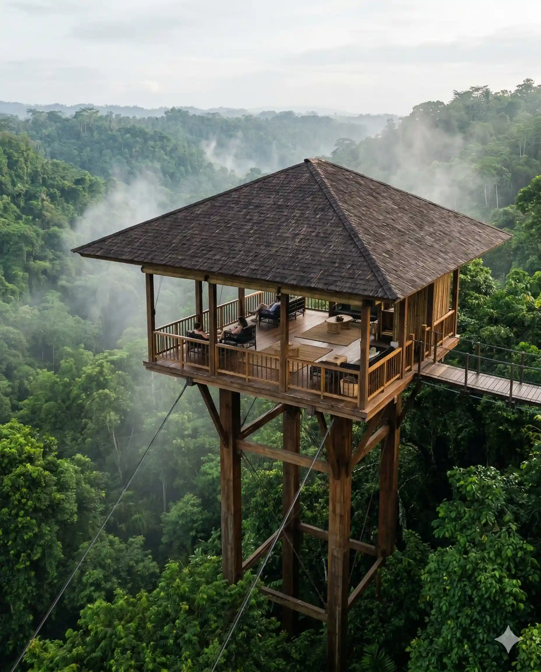 Open-air lodge suspended above a forest canopy