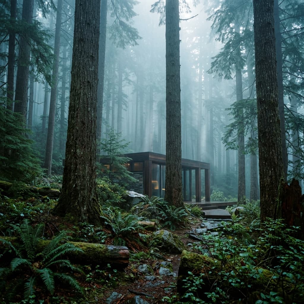 Open air pavilion overlooking a misty pine forest