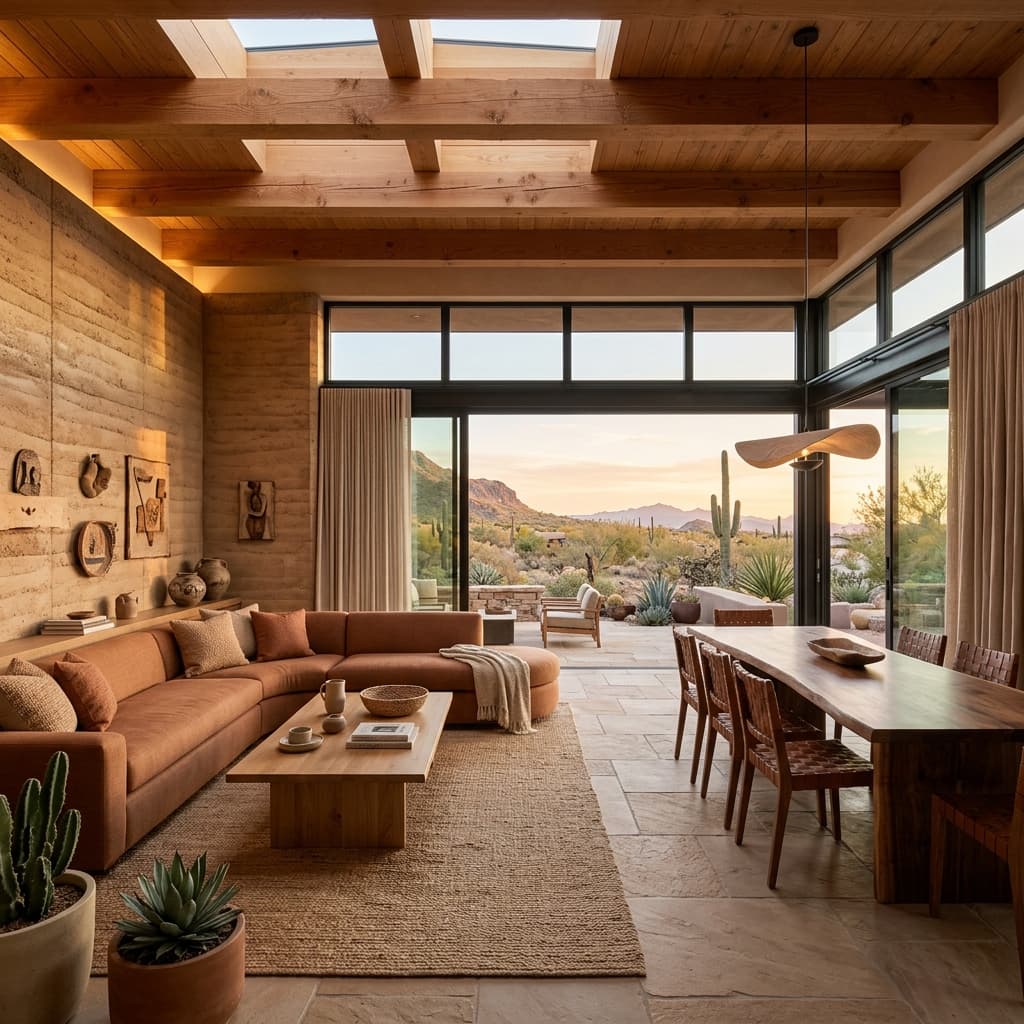 Wide angle shot of a desert home integrated into rocky terrain
