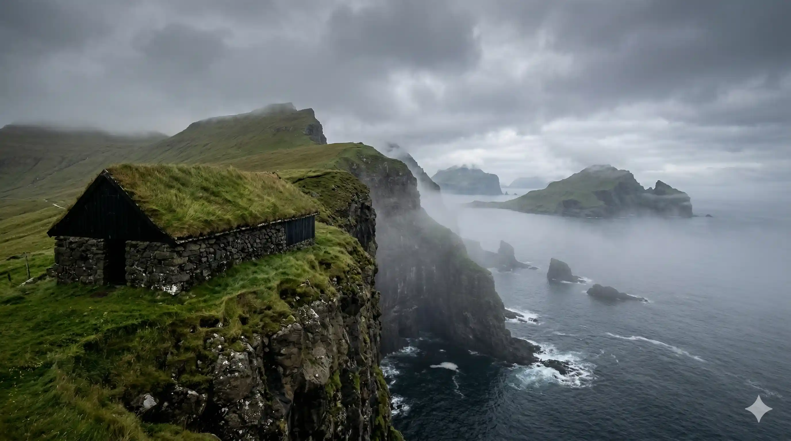Turf-roofed dwelling carved into coastal cliffs