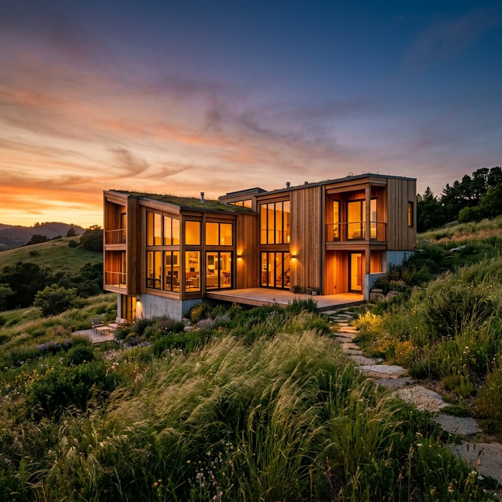 Modern architectural masterpiece Oak Ridge featuring clean lines, natural wood cladding, and large floor-to-ceiling glass windows at sunset